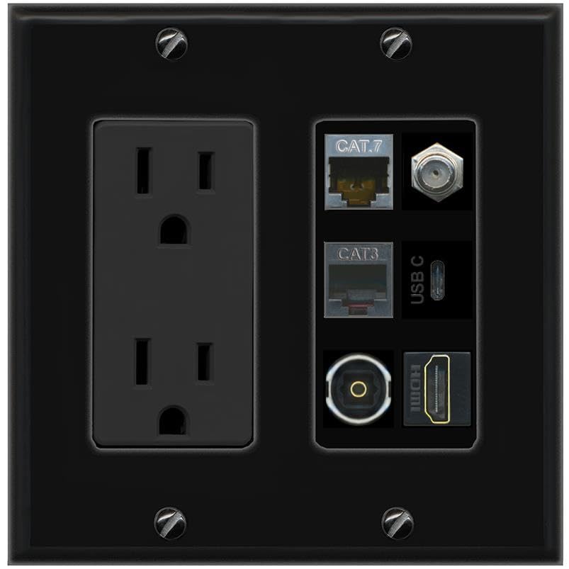 CAT7 COAX HDMI PHONE TOSLINK USBC Wall Plate-Outlet Black/Black