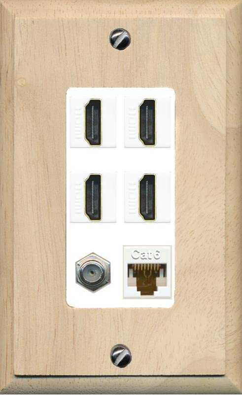 RiteAV 4 Port HDMI 1 Coax Cable TV- F-Type 1 Cat6 Ethernet Wall Plate - 1 Gang [Wood/White]