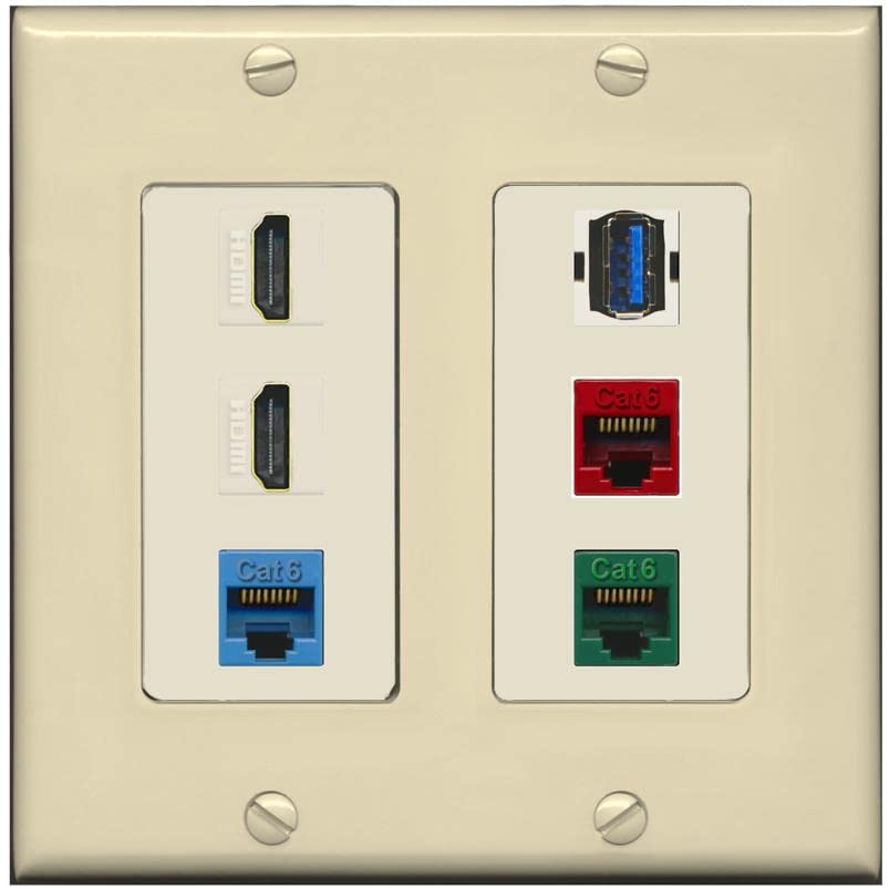 RiteAV 2 HDMI 3 Cat6 Ethernet USB3 Mixed Color Wall Plate - 2 Gang [Ivory/Light-Almond]