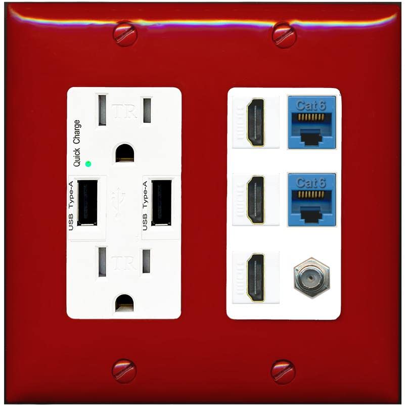 RiteAV 3 HDMI Wall Plate 2 Cat6 1 Coax - USB Charger [Red/White]