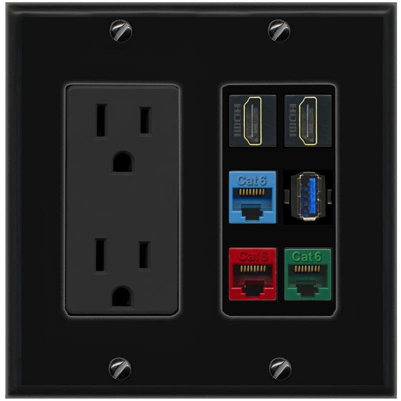 RiteAV 2 HDMI 3 Cat6 Ethernet USB3 Mixed Color Wall Plate - Outlet [Black/Black]