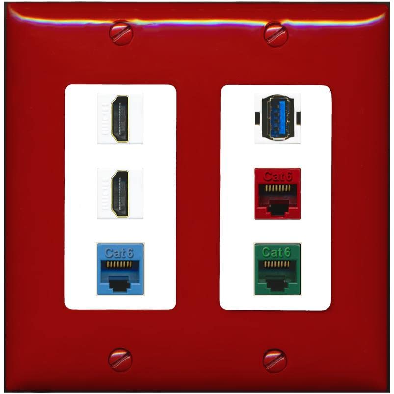 RiteAV 2 HDMI 3 Cat6 Ethernet USB3 Mixed Color Wall Plate - 2 Gang [Red/White]