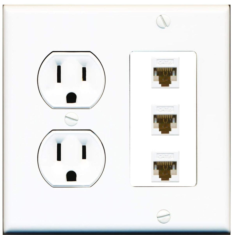 15 Amp Round Power Outlet 3 Port Cat6 Ethernet Coupler Wall Plate White