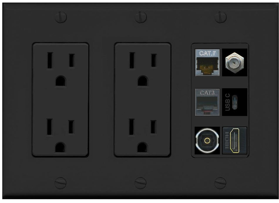 CAT7 COAX HDMI PHONE TOSLINK USBC Wall Plate-2 Outlet Black/Black