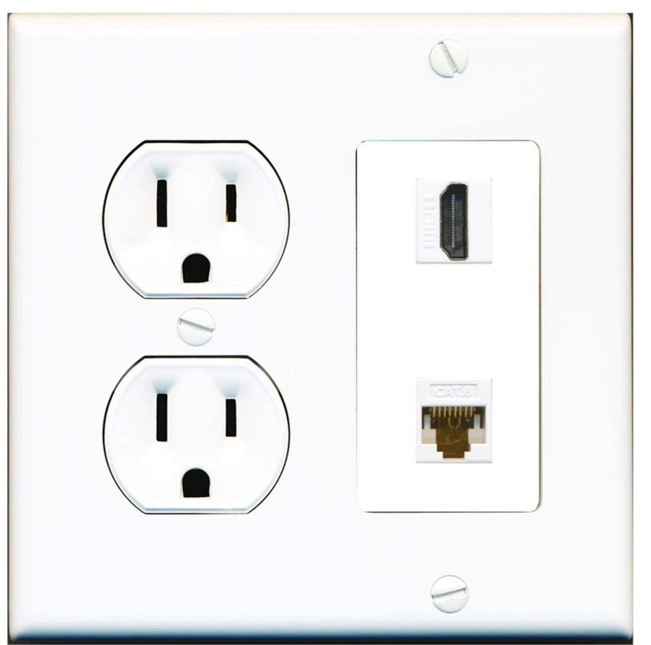 15 Amp Round Power Outlet 1 Port HDMI 1 Cat6 Ethernet Wall Plate White