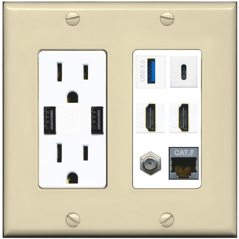 RiteAV USB 3 USB C 2 HDMI Coax Cat7 Wall Plate - USB Charger [Ivory/White]