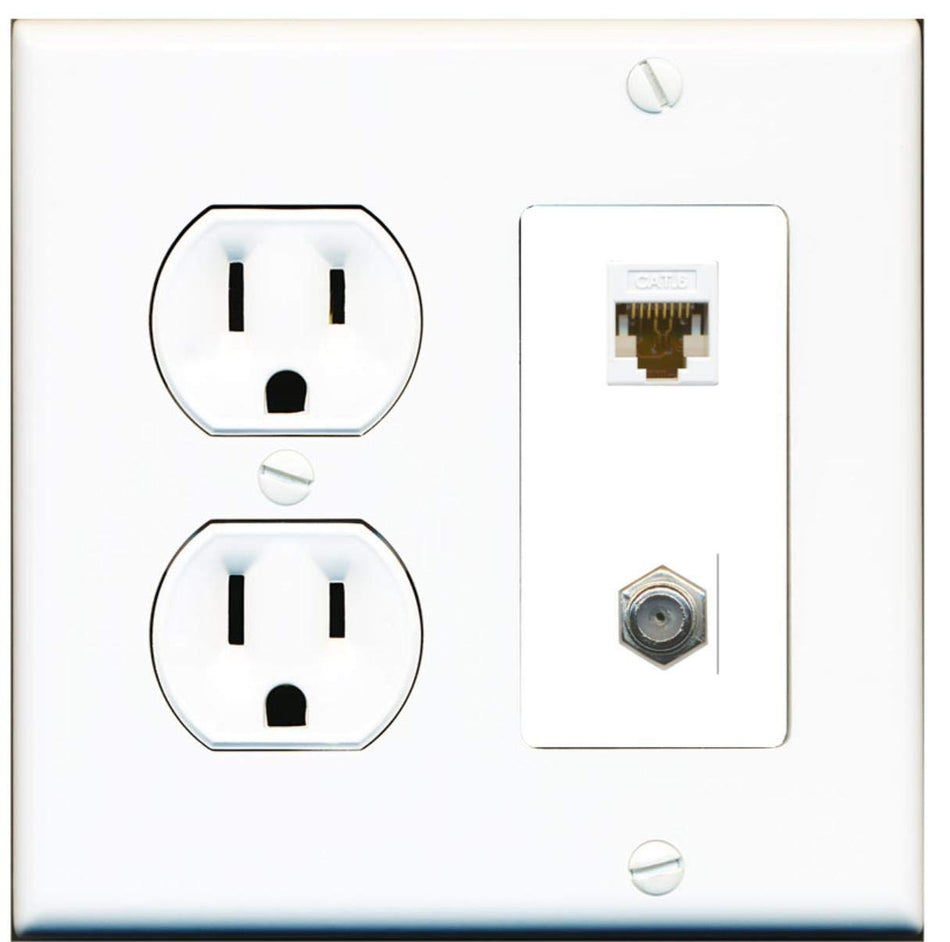 15 Amp Round Power Outlet 1 Port Cat6 Ethernet 1 Coax Cable-TV F-Type Wall Plate White