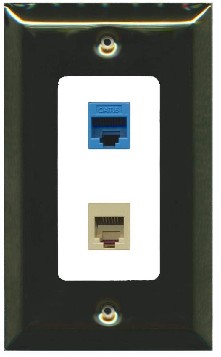 RiteAV - 1 Port Phone Beige 1 Port Cat6 Ethernet Blue Decorative Wall Plate - Brass/White