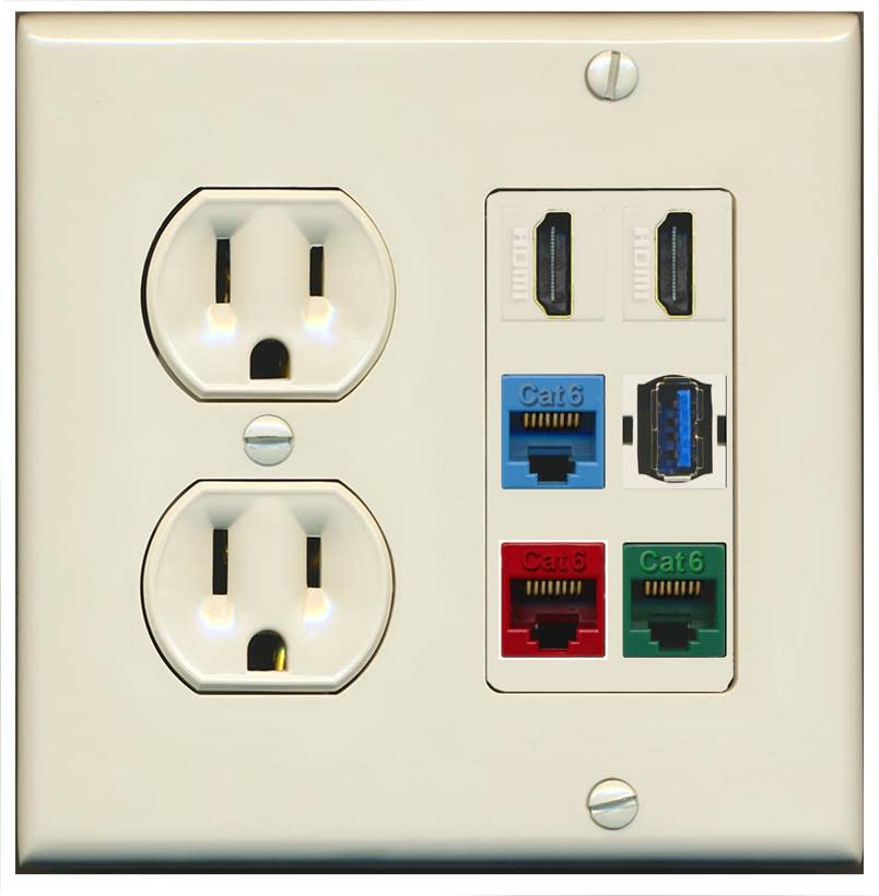 RiteAV 2 HDMI 3 Cat6 Ethernet USB3 Mixed Color Wall Plate - Round Outlet [Light-Almond]