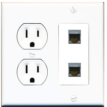 15 Amp Round Power Outlet 2 Port Cat6a Shielded Ethernet Wall Plate White