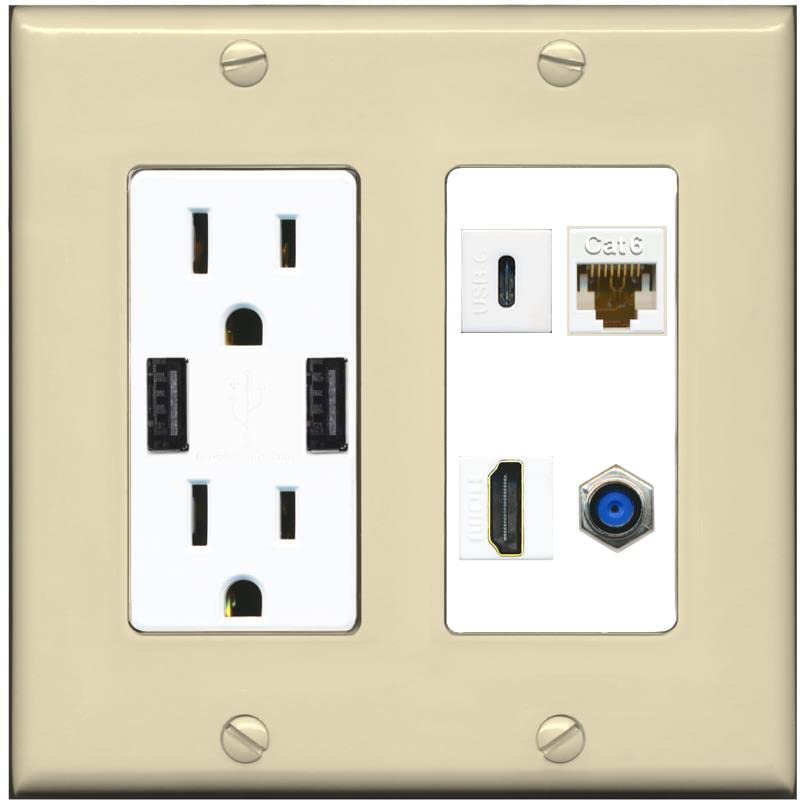 RiteAV USBC HDMI Cat6 Coax F81 Wall Plate - USB Charger [Ivory/White]