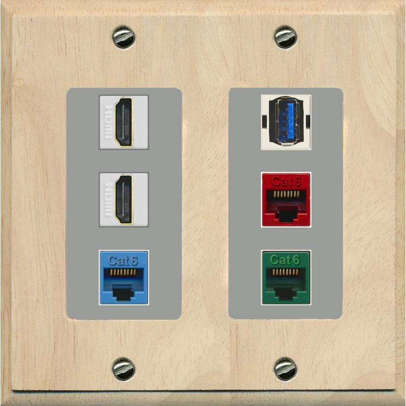 RiteAV 2 HDMI 3 Cat6 Ethernet USB3 Mixed Color Wall Plate - 2 Gang [Wood/Gray]