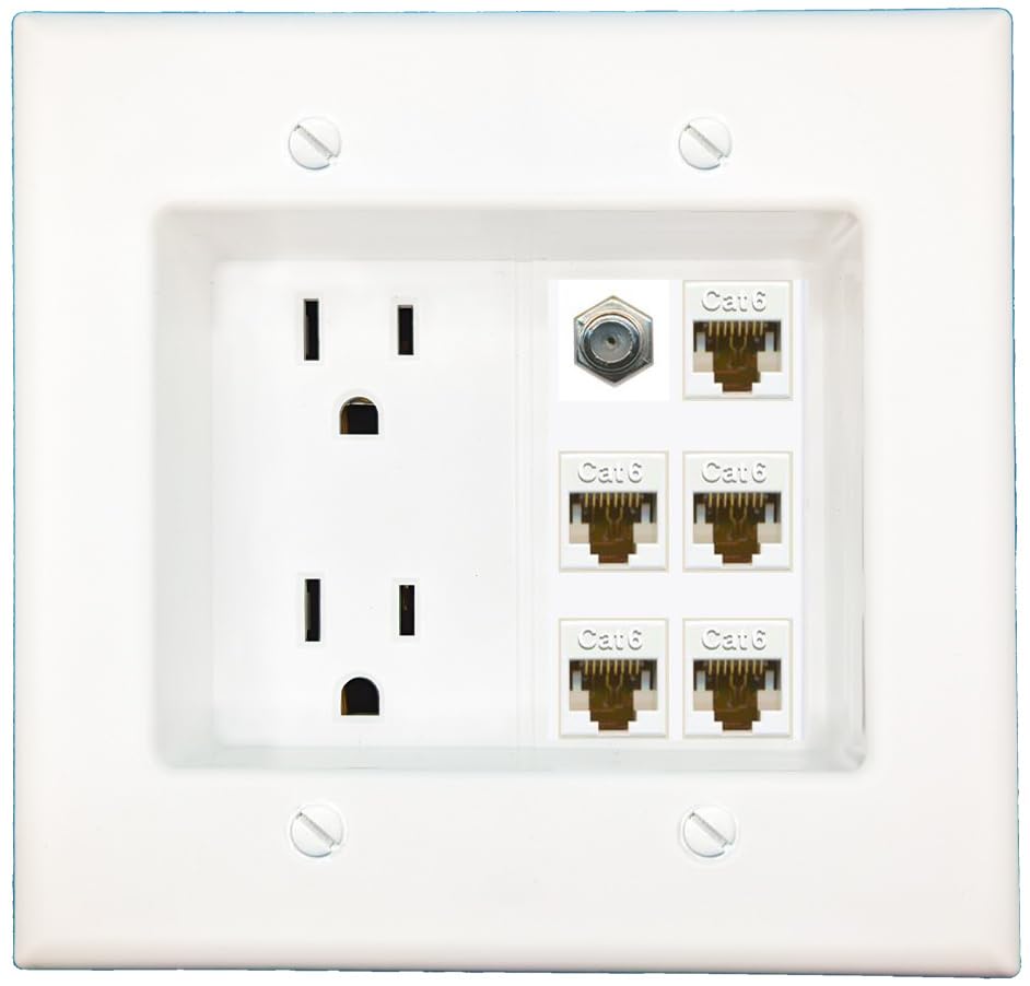 RiteAV Recessed Duplex Receptacle Outlet 5 CAT6 COAX Wall Plate White