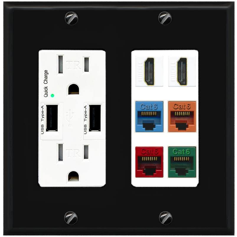 RiteAV 2 HDMI 4 Cat6 Ethernet Mixed Color Wall Plate - USB Charger [Black/White]