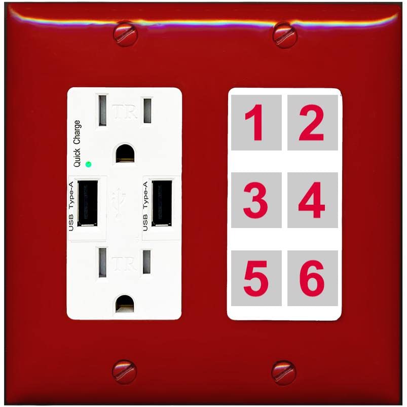 RiteAV 6 Port Custom Wall Plate - USB Charger [Red/White]
