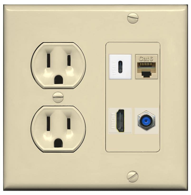 RiteAV USBC HDMI Cat6 Coax F81 Wall Plate - Round Outlet [Ivory/Ivory]