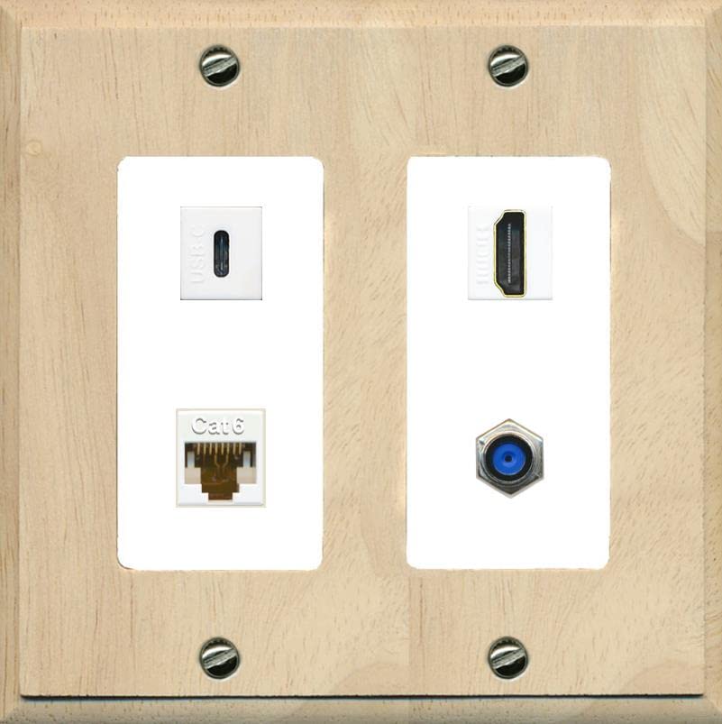 RiteAV USBC HDMI Cat6 Coax F81 Wall Plate - 2 Gang [Wood/White]