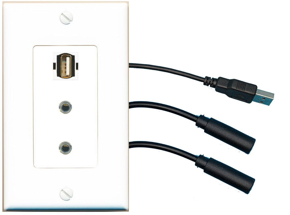 RiteAV 2 3.5mm USB2 Wall Plate with Pigtail Dongle Extension White