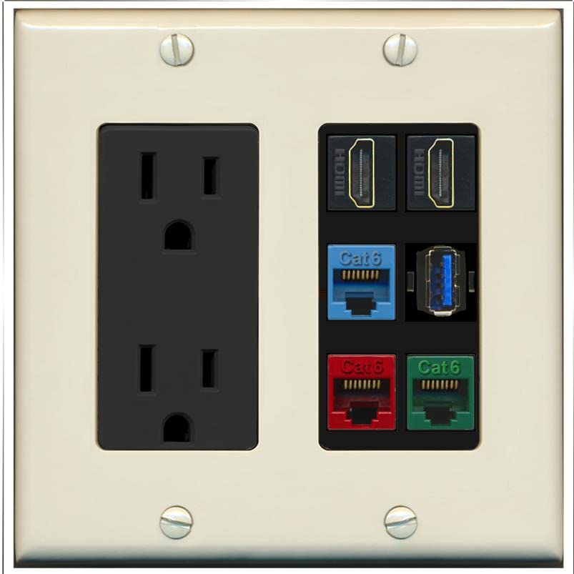 RiteAV 2 HDMI 3 Cat6 Ethernet USB3 Mixed Color Wall Plate - Outlet [Light-Almond/Black]