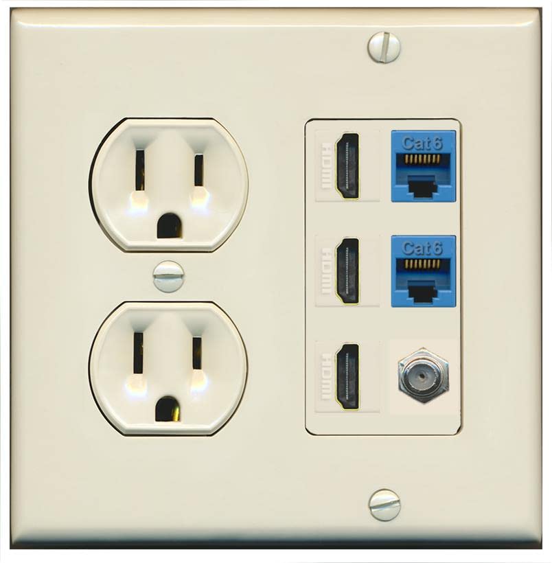 RiteAV 3 HDMI Wall Plate 2 Cat6 1 Coax - Round Outlet [Light-Almond]