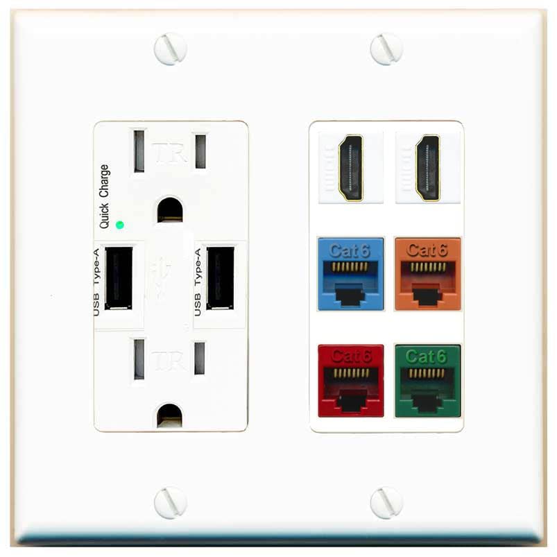 RiteAV 2 HDMI 4 Cat6 Ethernet Mixed Color Wall Plate - USB Charger [White/White]