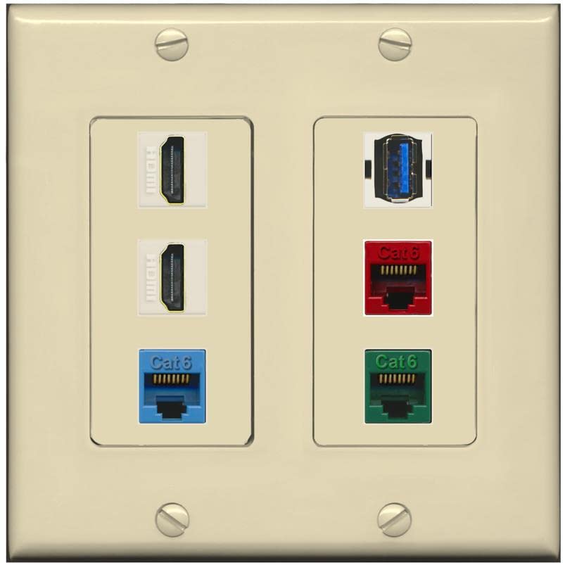 RiteAV 2 HDMI 3 Cat6 Ethernet USB3 Mixed Color Wall Plate - 2 Gang [Ivory/Ivory]