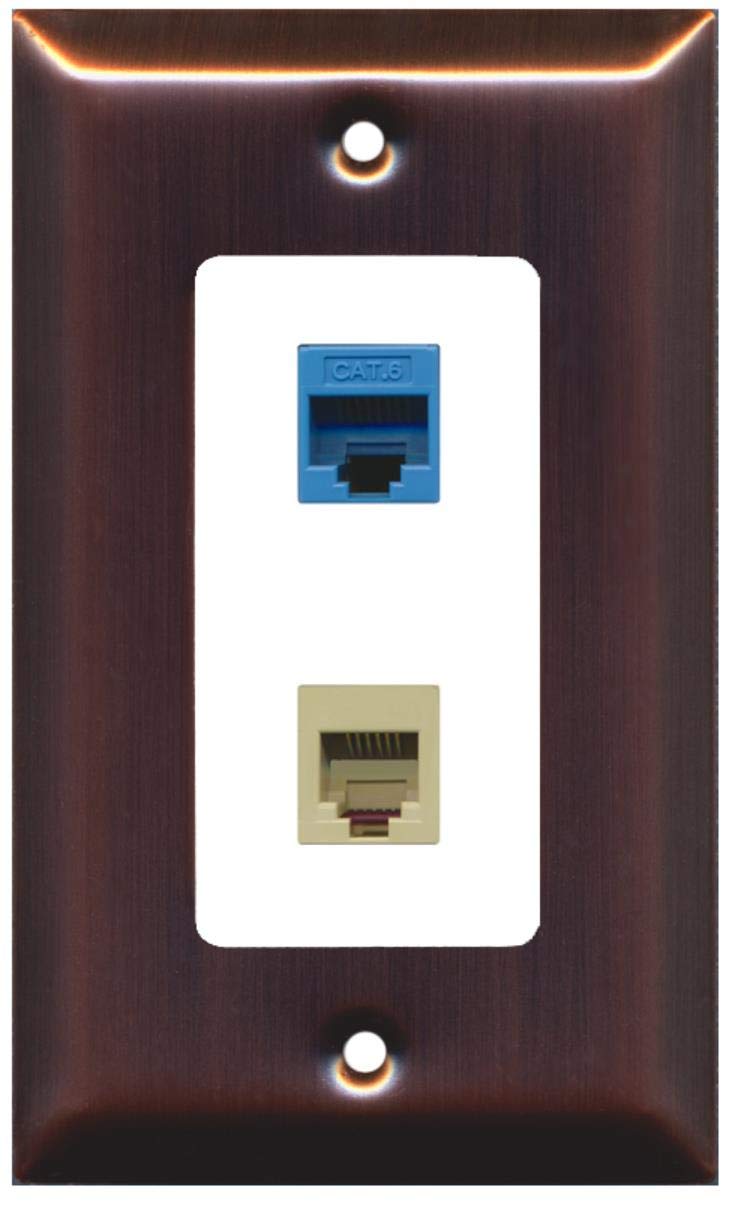 RiteAV - 1 Port Phone Beige 1 Port Cat6 Ethernet Blue Decorative Wall Plate - Copper/White