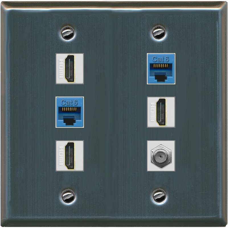 RiteAV 3 HDMI Wall Plate 2 Cat6 1 Coax - Flat 2 Gang [Stainless Steel]