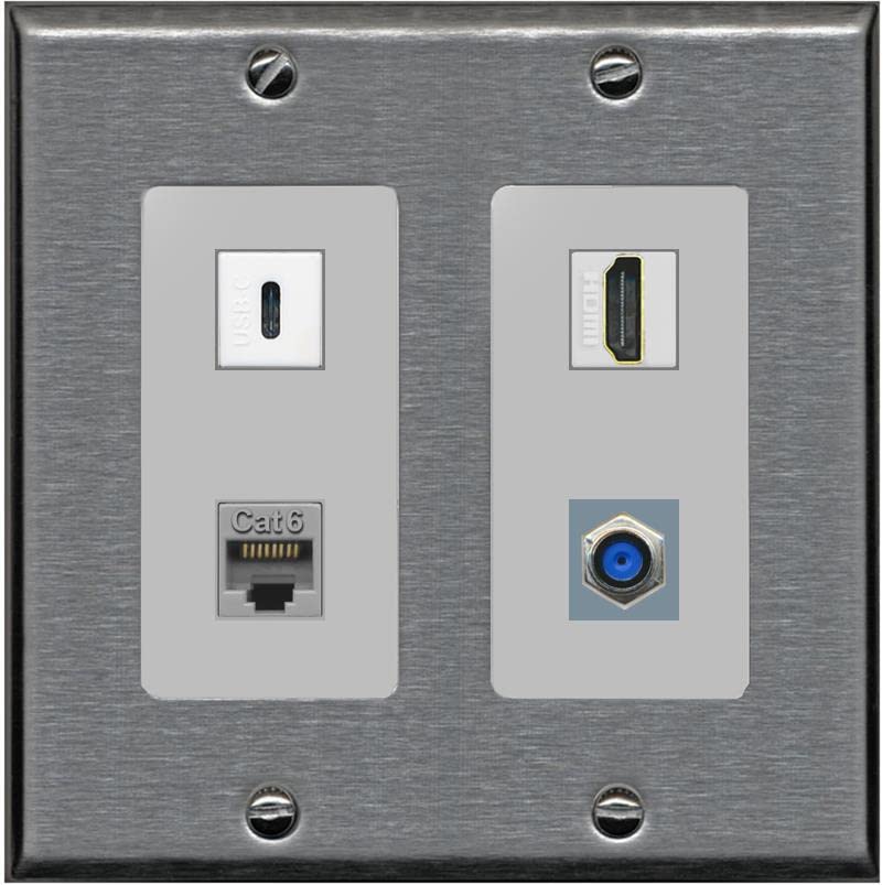 RiteAV USBC HDMI Cat6 Coax F81 Wall Plate - 2 Gang [Stainless/Gray]