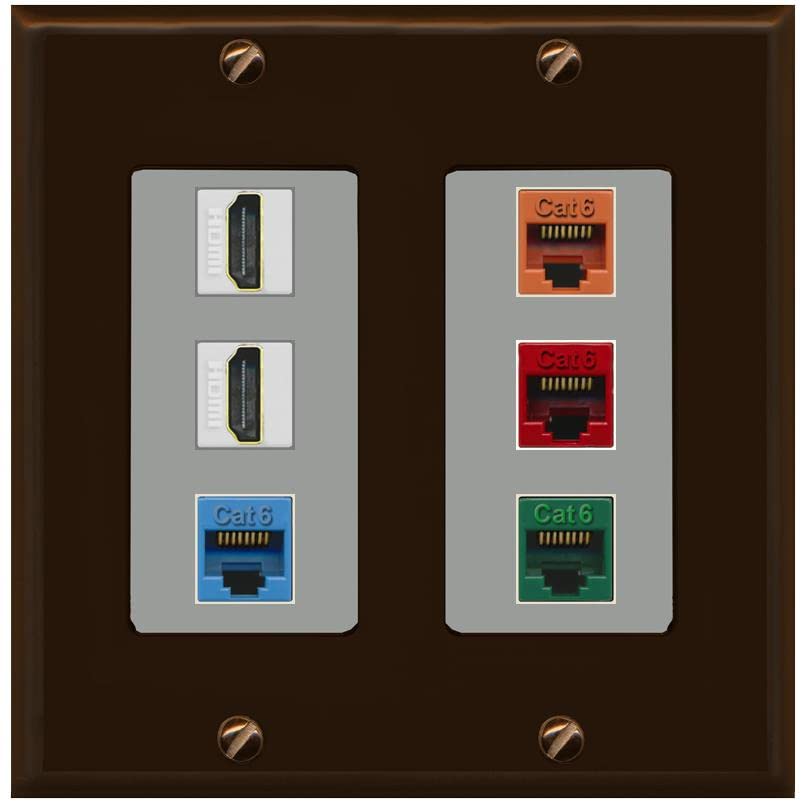 RiteAV 2 HDMI 4 Cat6 Ethernet Mixed Color Wall Plate - 2 Gang [Brown/Gray]