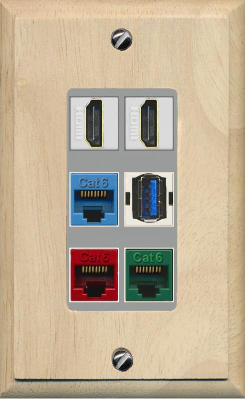 RiteAV 2 HDMI 3 Cat6 Ethernet USB3 Mixed Color Wall Plate - 1 Gang [Wood/Gray]
