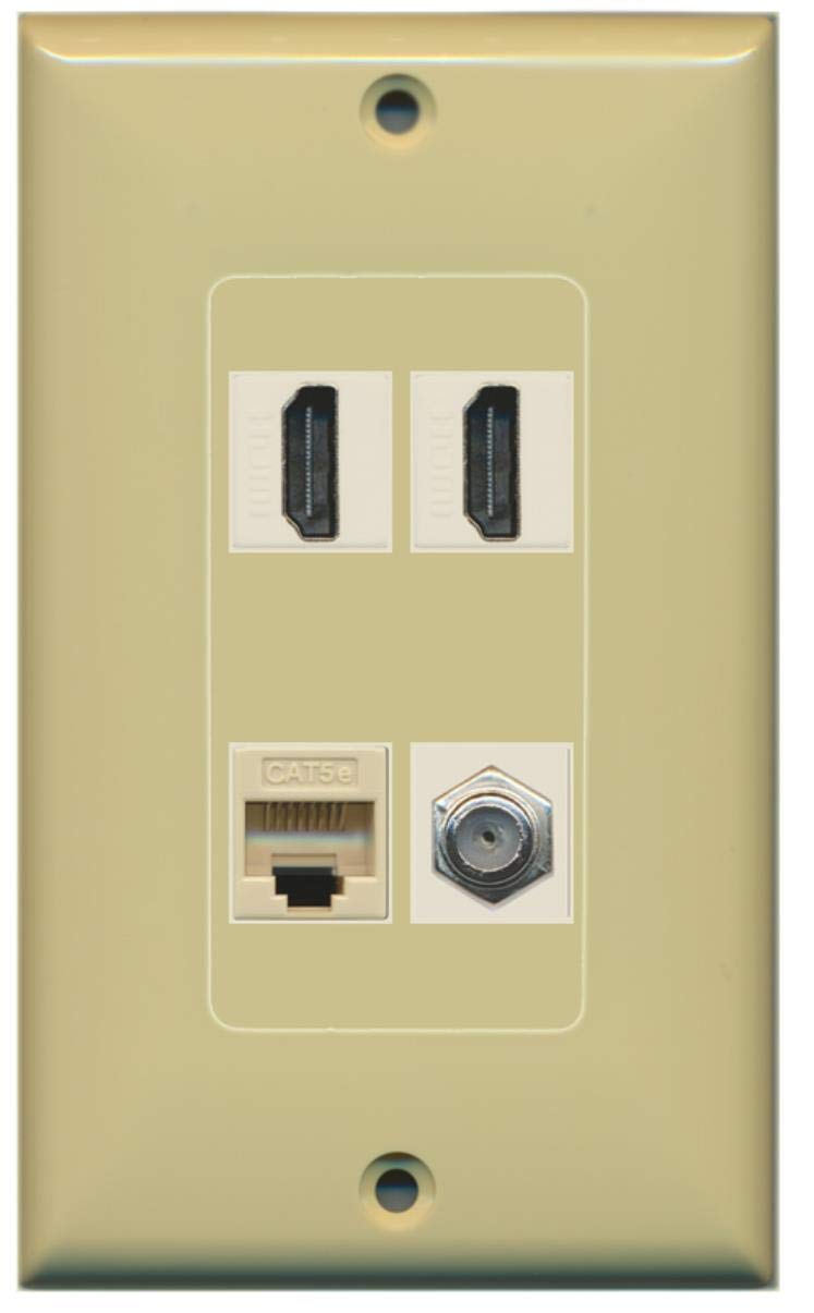 RiteAV - 2 x HDMI and 1 x Ethernet Cat5e and 1 x Coax Cable TV F Type Port Wall Plate - Ivory