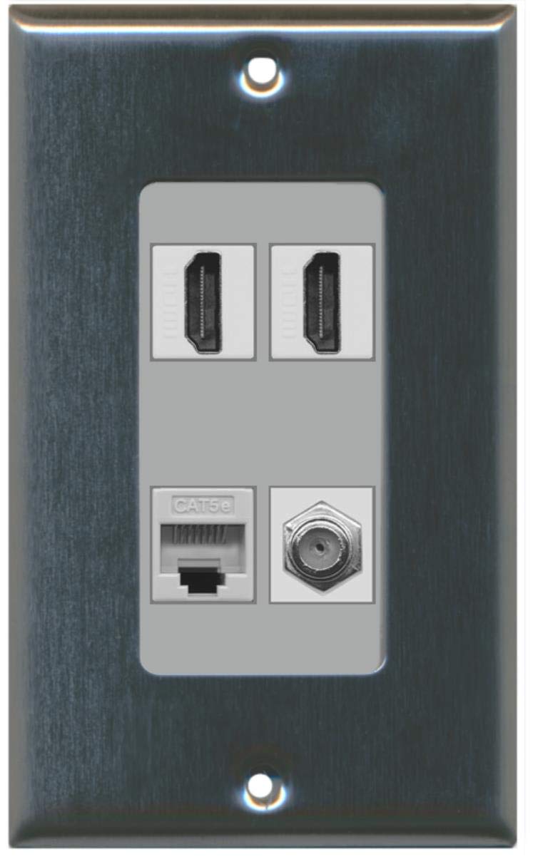 RiteAV - 2 x HDMI and 1 x Ethernet Cat5e and 1 x Coax Cable TV F Type Port Wall Plate - Stainless Steel/Gray