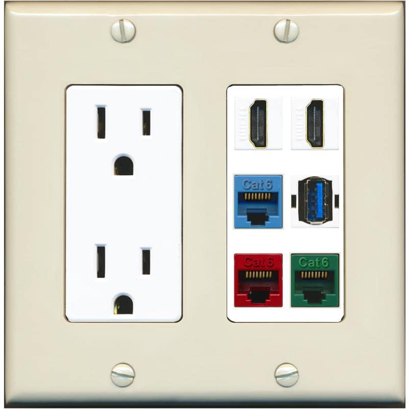 RiteAV 2 HDMI 3 Cat6 Ethernet USB3 Mixed Color Wall Plate - Outlet [Light-Almond/White]