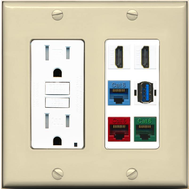 RiteAV 2 HDMI 3 Cat6 Ethernet USB3 Mixed Color Wall Plate - GFCI [Ivory/White]