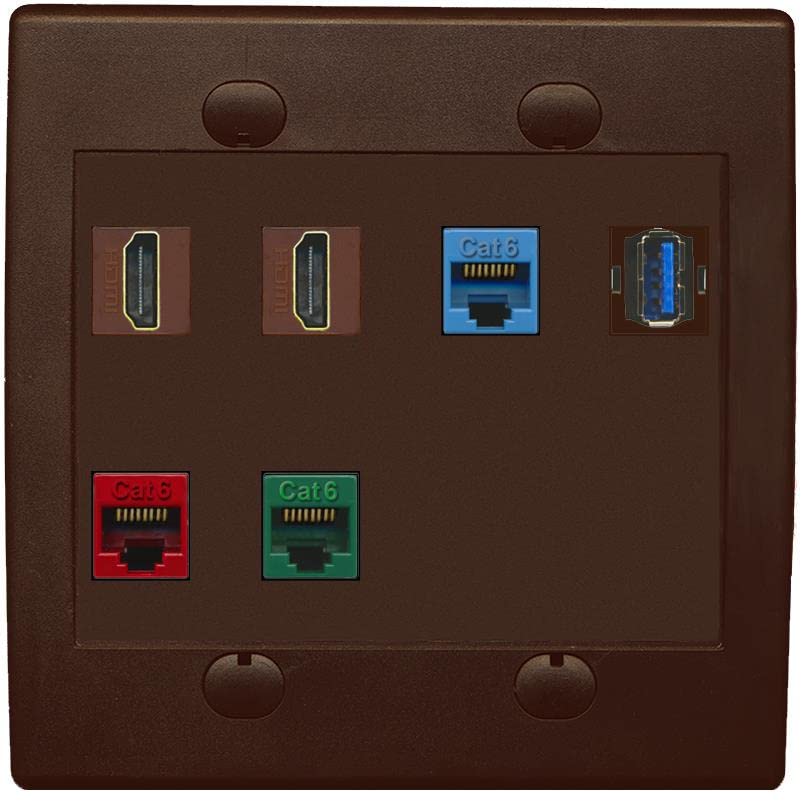 RiteAV 2 HDMI 3 Cat6 Ethernet USB3 Mixed Color Wall Plate - Flat 2 Gang [Brown/Brown]