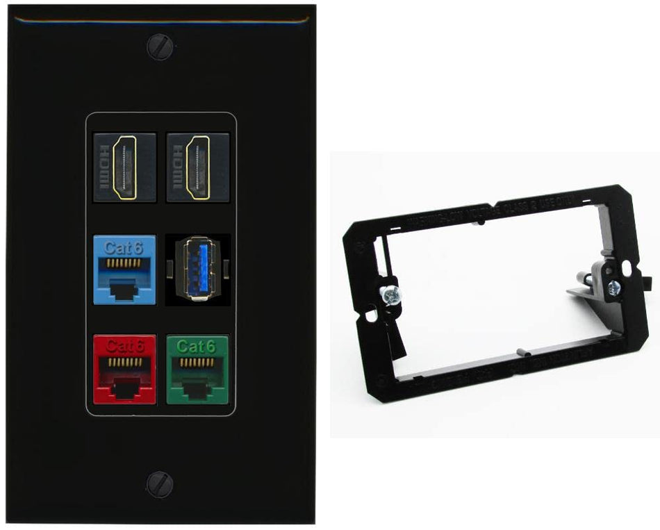 RiteAV 2 HDMI 3 Cat6 Ethernet USB3 Mixed Color Wall Plate - 1 Gang w-Bracket [Black/Black]