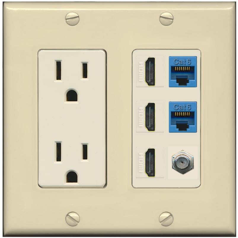 RiteAV 3 HDMI Wall Plate 2 Cat6 1 Coax - Outlet [Ivory/Light-Almond]