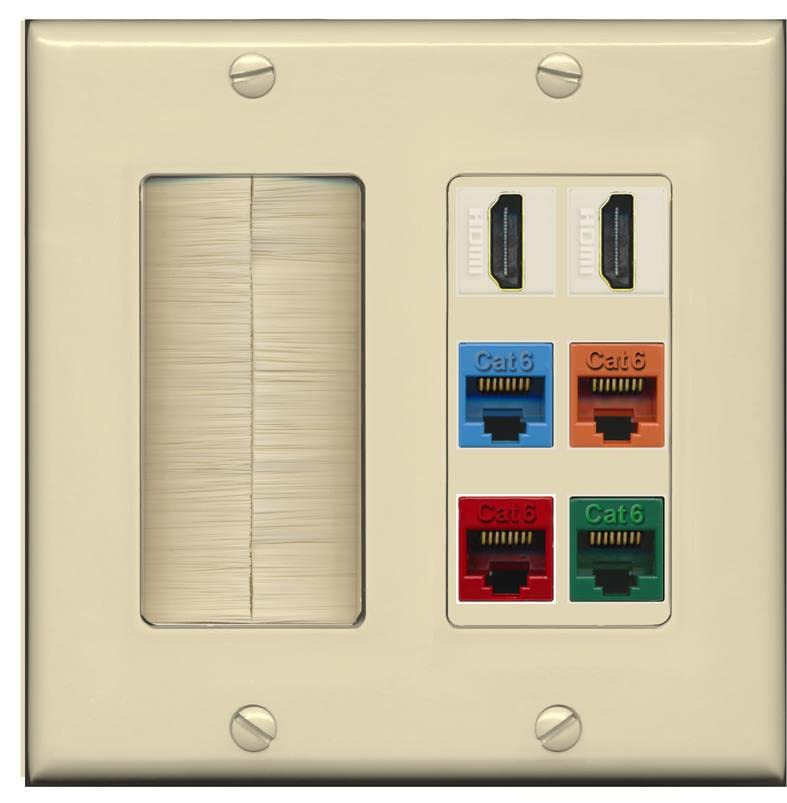 RiteAV 2 HDMI 4 Cat6 Ethernet Mixed Color Wall Plate - Brush [Ivory/Ivory]