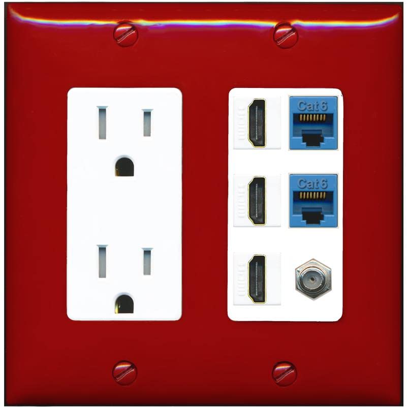 RiteAV 3 HDMI Wall Plate 2 Cat6 1 Coax - Tamper-Resistant [Red/White]