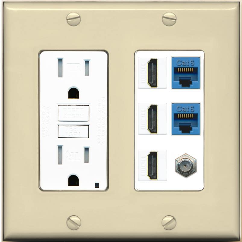 RiteAV 3 HDMI Wall Plate 2 Cat6 1 Coax - GFCI [Ivory/White]