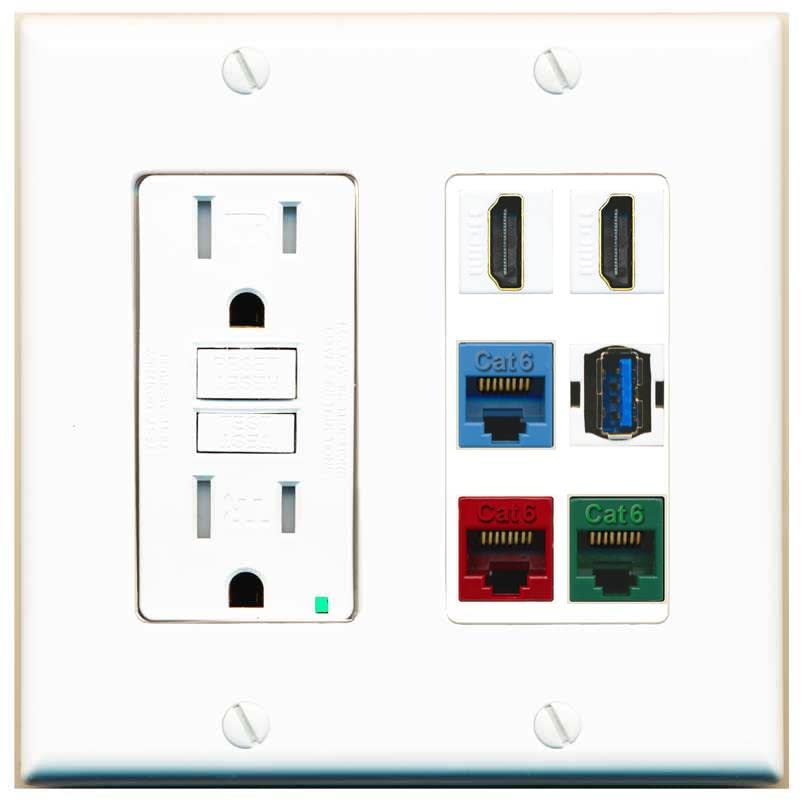 RiteAV 2 HDMI 3 Cat6 Ethernet USB3 Mixed Color Wall Plate - GFCI [White/White]