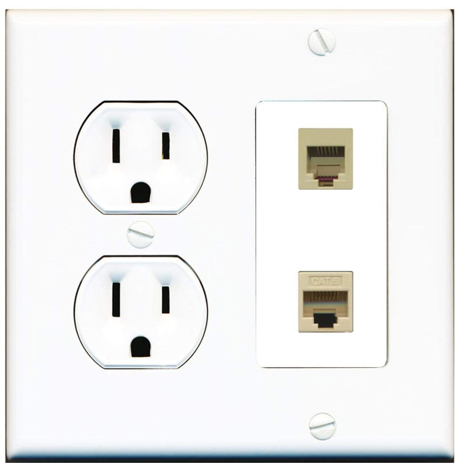 15 Amp Round Power Outlet 1 Port Phone RJ11-12 1 Cat6 Ethernet Wall Plate