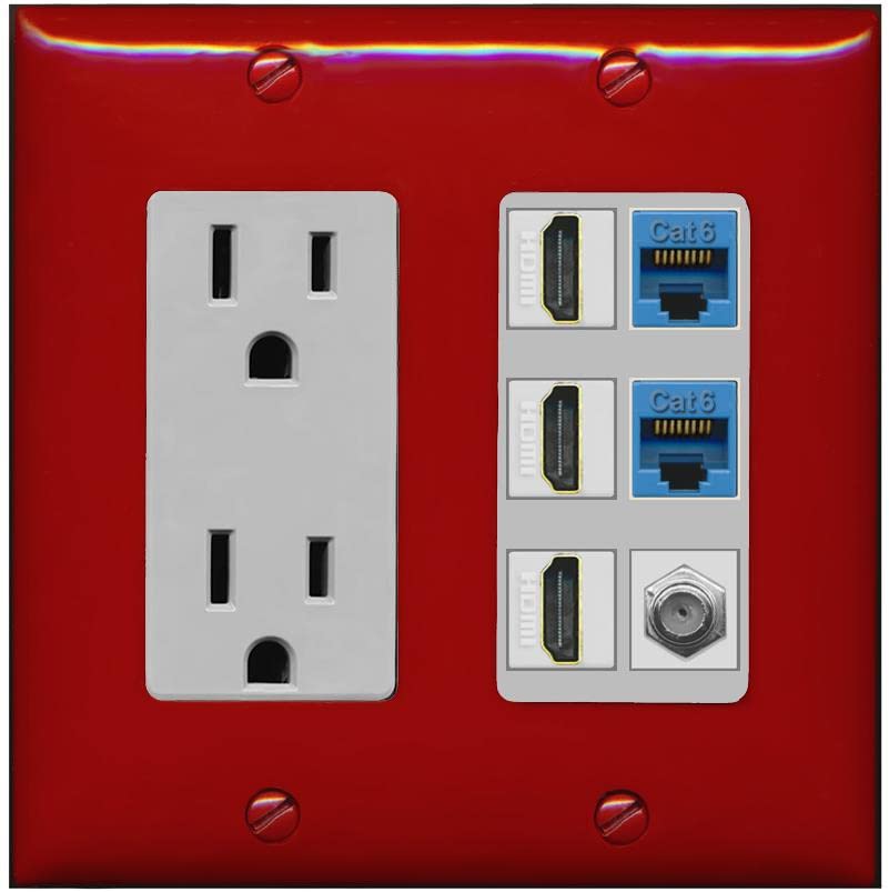 RiteAV 3 HDMI Wall Plate 2 Cat6 1 Coax - Outlet [Red/Gray]