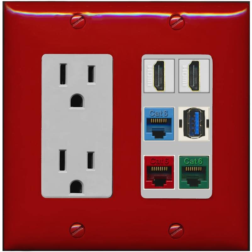RiteAV 2 HDMI 3 Cat6 Ethernet USB3 Mixed Color Wall Plate - Outlet [Red/Gray]