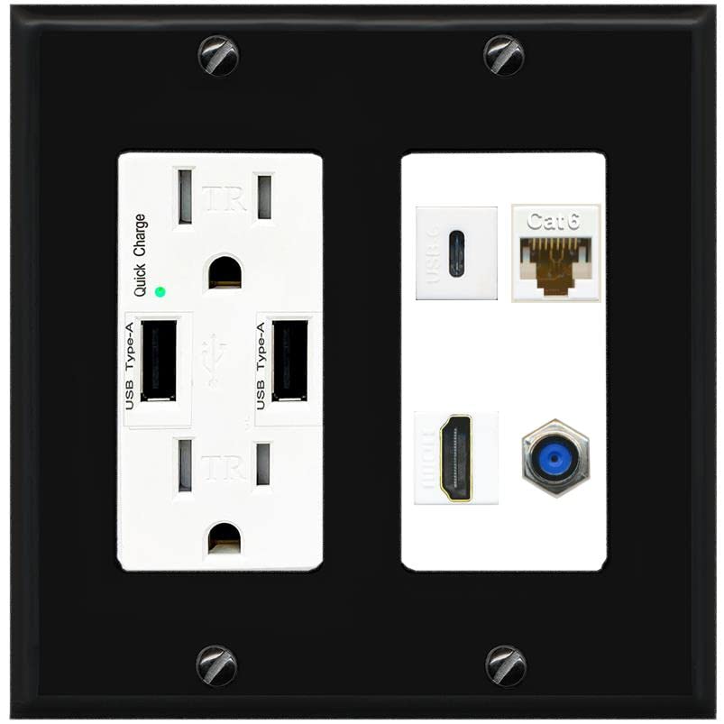 RiteAV USBC HDMI Cat6 Coax F81 Wall Plate - USB Charger [Black/White]