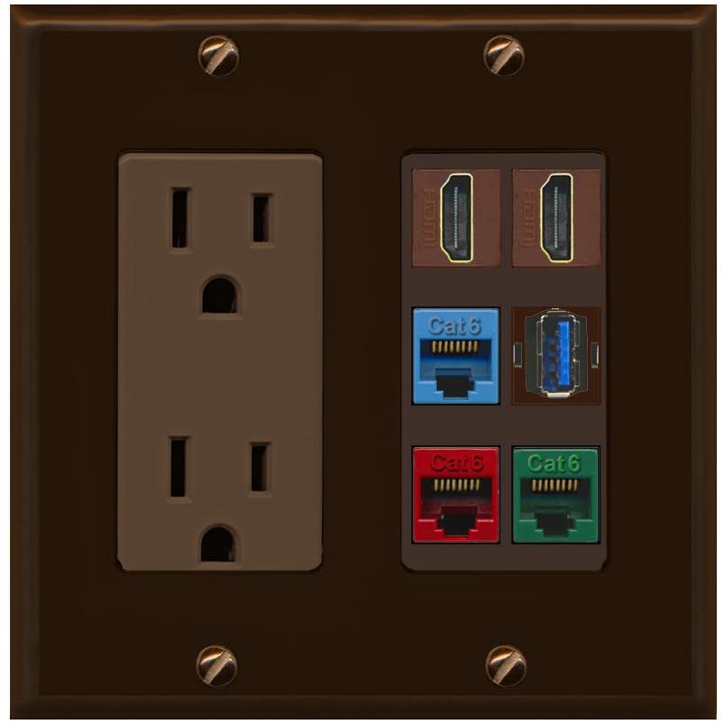 RiteAV 2 HDMI 3 Cat6 Ethernet USB3 Mixed Color Wall Plate - Outlet [Brown/Brown]