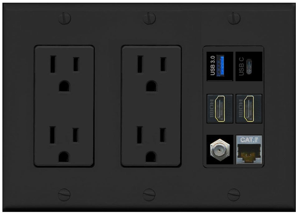 RiteAV USB 3 USB C 2 HDMI Coax Cat7 Wall Plate - 3G Dual Outlet [Black/Black]