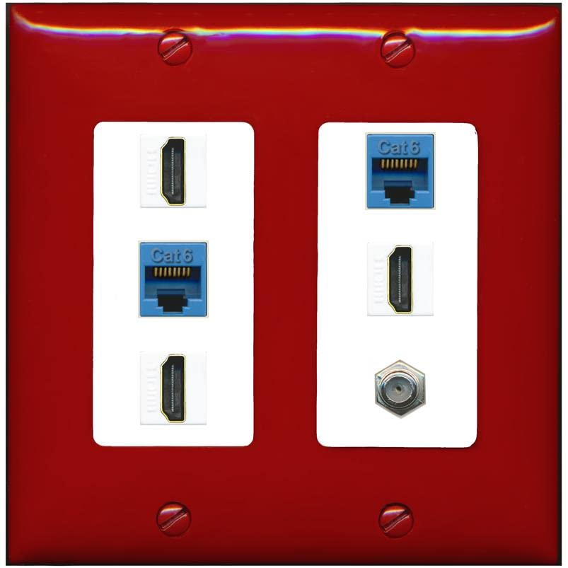 RiteAV 3 HDMI Wall Plate 2 Cat6 1 Coax - 2 Gang [Red/White]