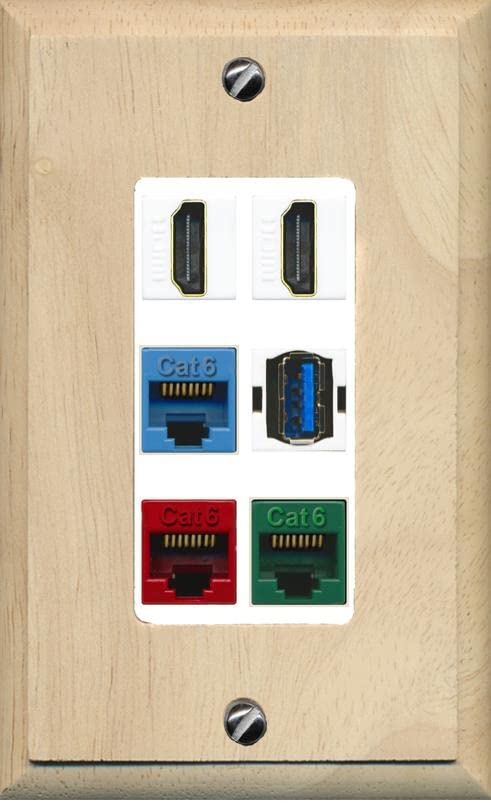 RiteAV 2 HDMI 3 Cat6 Ethernet USB3 Mixed Color Wall Plate - 1 Gang [Wood/White]